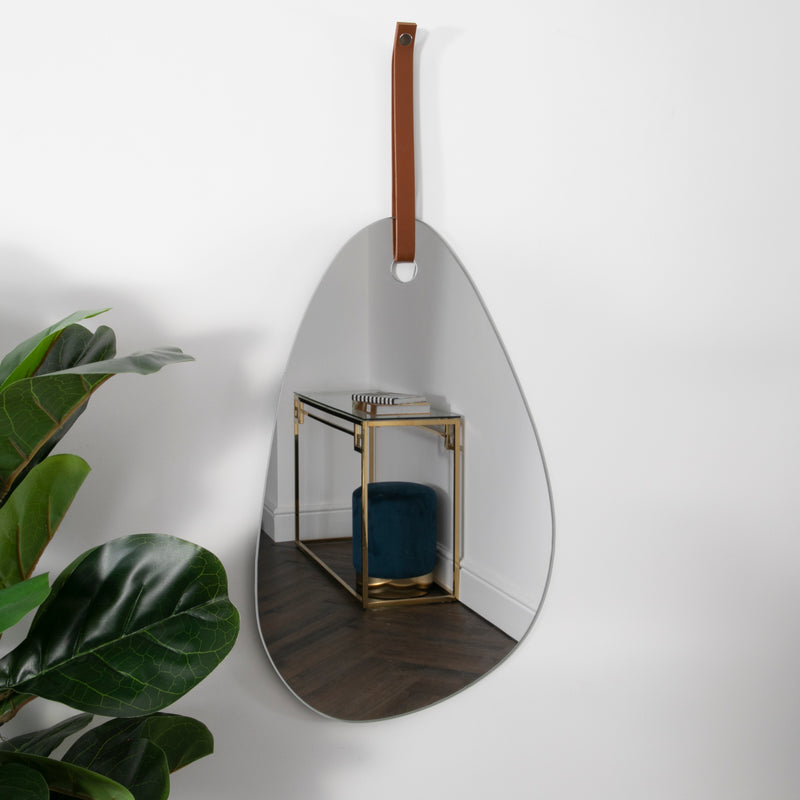 Pebble Shaped Mirror with Brown Leather Hanging Strap