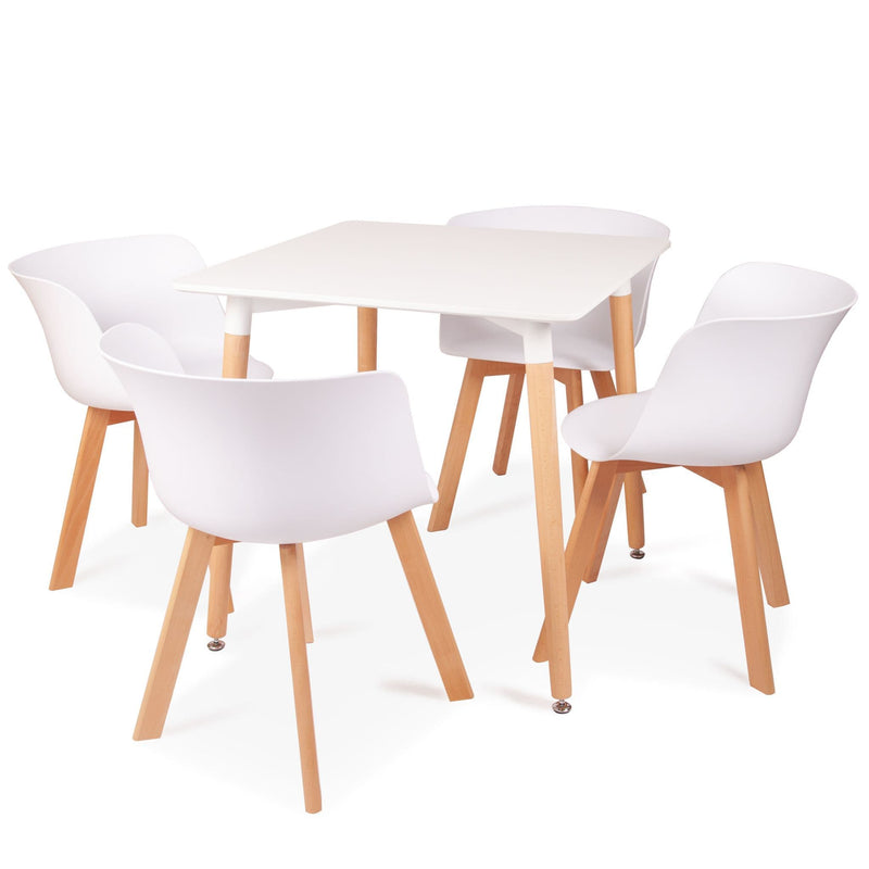 Square Dining 4 seater Table in White with Wooden Legs - 80cm
