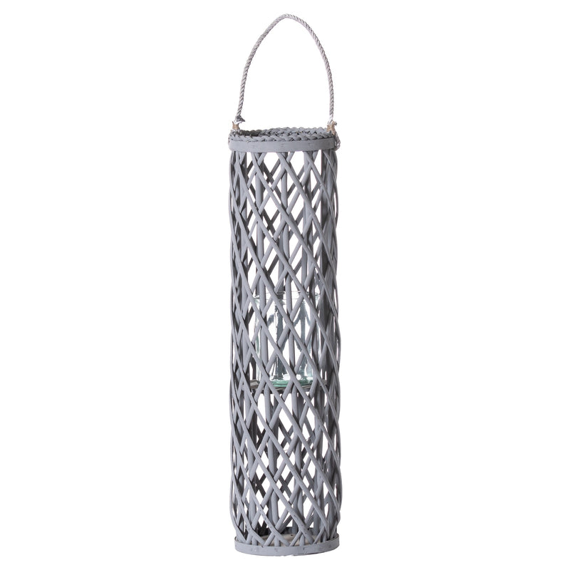 Large Grey Wicker Lantern With Glass Hurricane